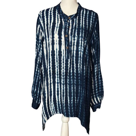 Soft Surroundings Tunic Size XL Blue Geometric Long Sleeve Tie Dye Artsy Casual - Picture 9 of 10